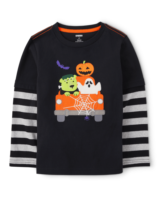 Boys Embroidered Halloween Truck Layered Top - Trick or Treat