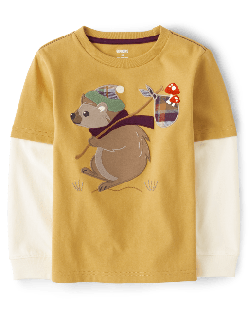 Boys Embroidered Hedgehog Layered Top - Enchanted Forest