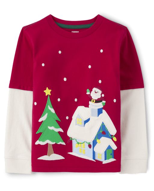 Boys Embroidered Christmas Scene Layered Top - Very Merry