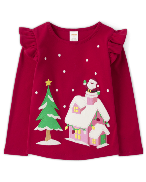 Girls Embroidered Christmas Scene Flutter Top - Very Merry