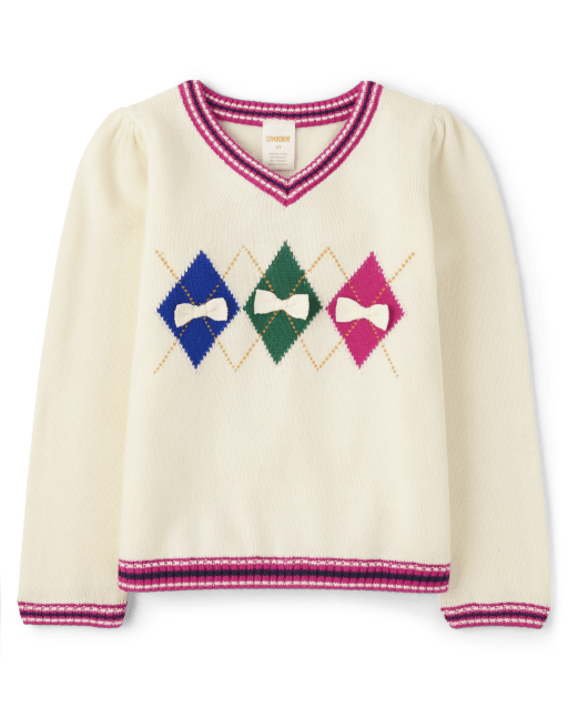 Girls Intarsia Argyle V-Neck Sweater - Prep School