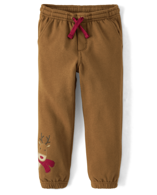 Boys Embroidered Reindeer Fleece Jogger Pants - Christmas Cabin