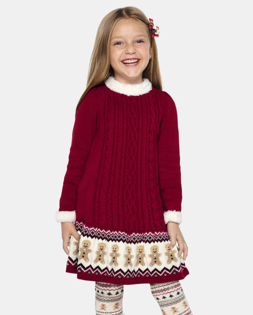 Girls Matching Family Gingerbread Fairisle Sweater Dress - Christmas Cabin
