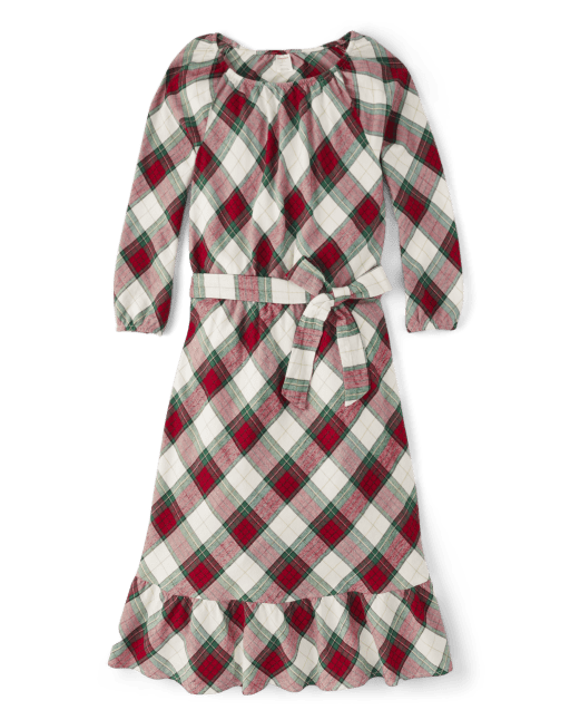 Womens Matching Family Plaid Ruffle Dress - Christmas Cabin