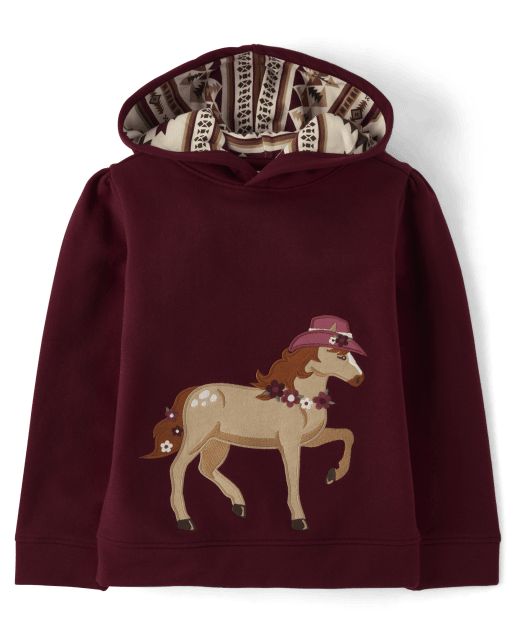 Girls Embroidered Horse Fleece Hoodie - Rustic Ranch