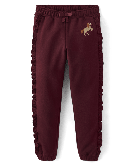 Girls Embroidered Horse Fleece Jogger Pants - Rustic Ranch