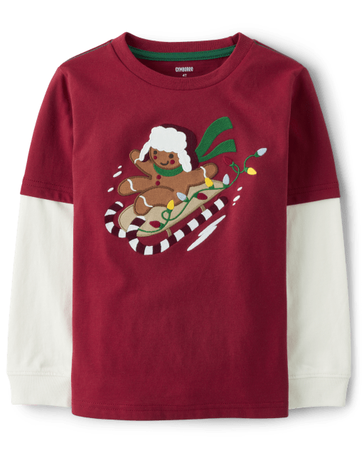 Boys Embroidered Gingerbread Sled Layered Top - Christmas Cabin