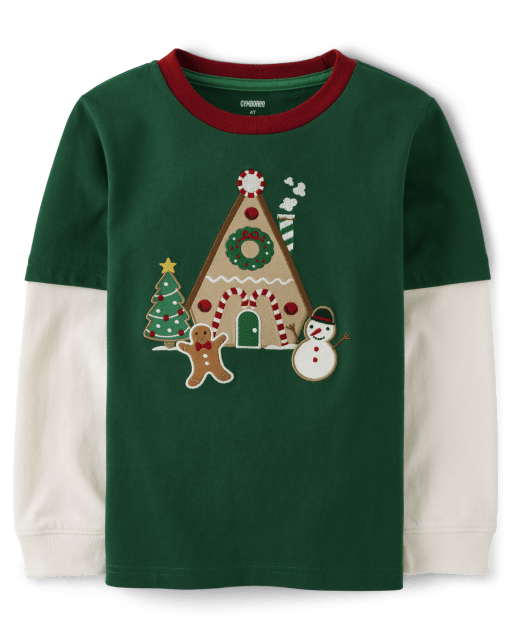 Boys Embroidered Gingerbread House Layered Top - Christmas Cabin