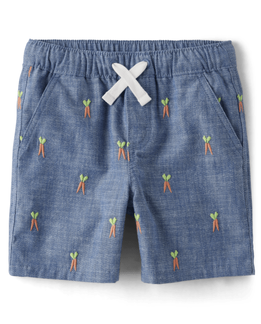 Boys Embroidered Carrot Chambray Pull On Shorts - Spring Celebrations