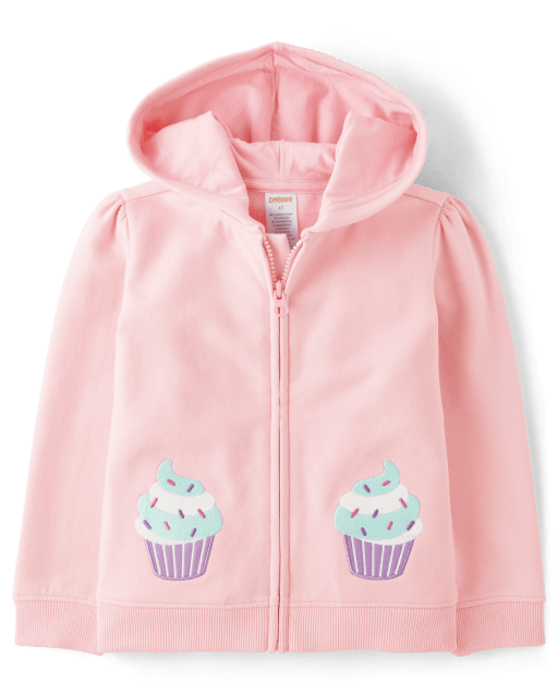 Girls Embroidered Cupcake Fleece Zip Up Hoodie - Birthday Boutique