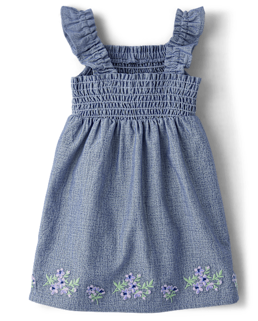 Baby Girls Embroidered Floral Chambray Flutter Dress - view 2