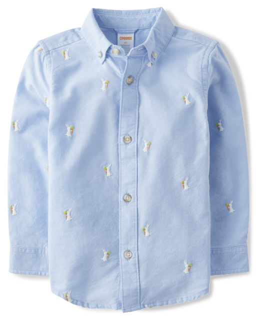 Camisa Oxford con botones y conejito bordado para niños - Celebraciones de primavera