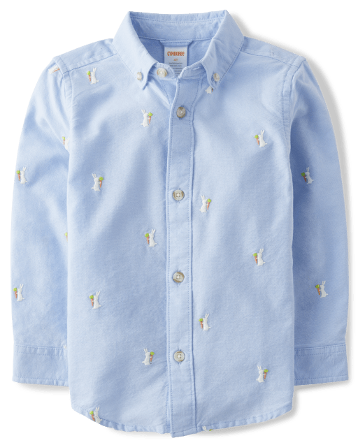 Boys Embroidered Bunny Oxford Button Up Shirt - Spring Celebrations
