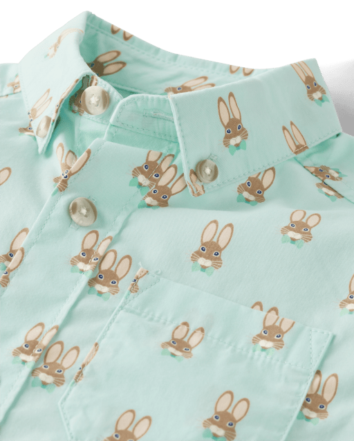 Boys Bunny Poplin Button Up Shirt - Signs of Spring - view 2