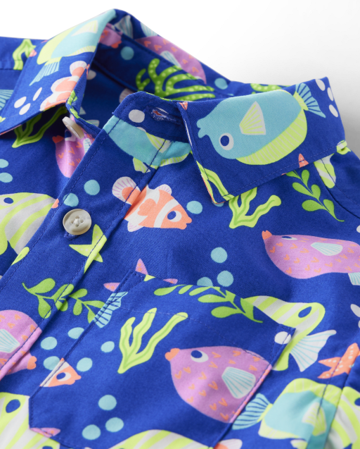 Boys Fish Button Up Shirt - Splish-Splash - view 2