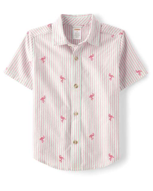 Boys Schiffli Flamingo Button Up Shirt - Seaside Palms