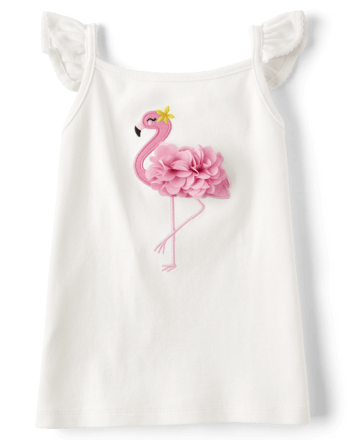 Girls Embroidered Flamingo Ruffle Tank Top - Seaside Palms