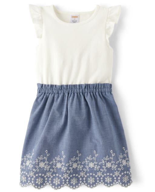 Girls Eyelet Chambray Ruffle Dress - Little Essentials