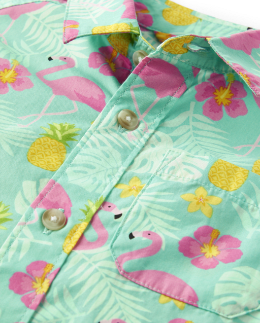 Boys Flamingo Poplin Button Up Shirt - Seaside Palms - view 2