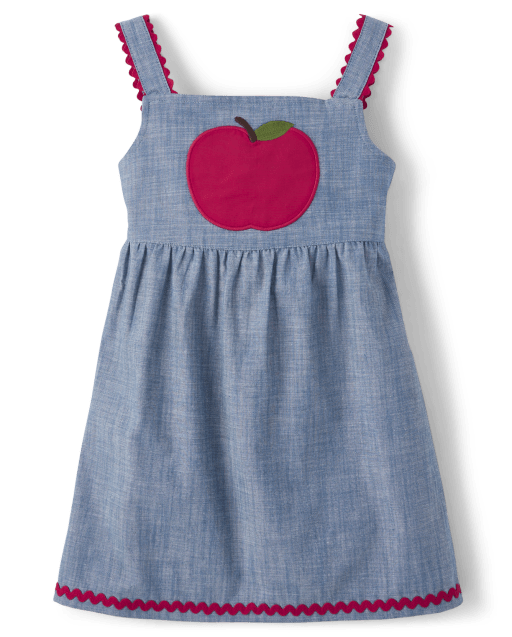 Girls Embroidered Apple Chambray Jumper - Classroom Cutie