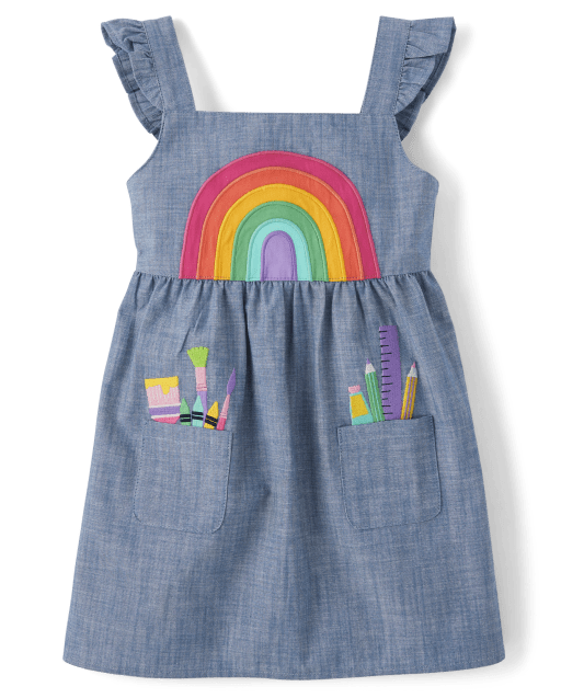 Girls Embroidered Rainbow Chambray Jumper - Classroom Cutie