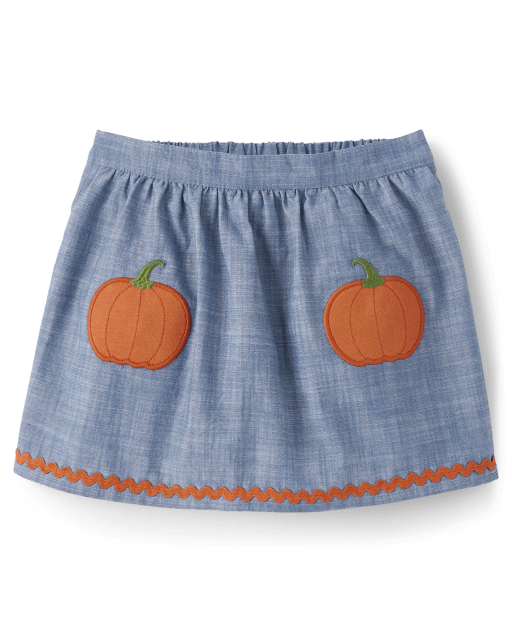 Girls Embroidered Pumpkin Chambray Skort - Autumn Adventures