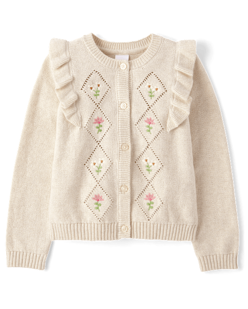 Girls Embroidered Floral Diamond Cardigan - Country Charm - view 1