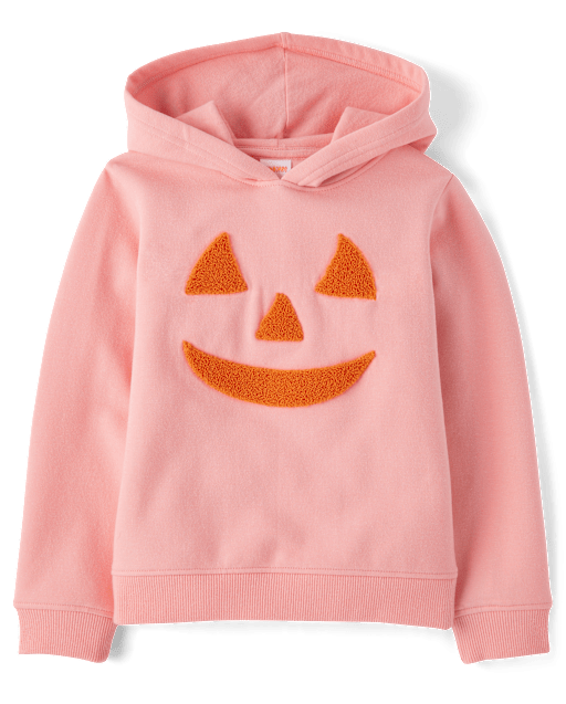 Girls Embroidered Pumpkin Fleece Hoodie - Halloween