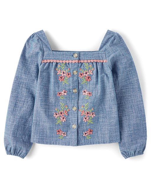 Girls Embroidered Floral Chambray Button Up Top - Country