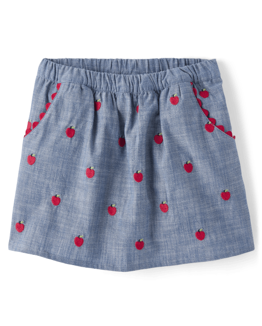 Girls Embroidered Apple Chambray Skort - Classroom Cutie
