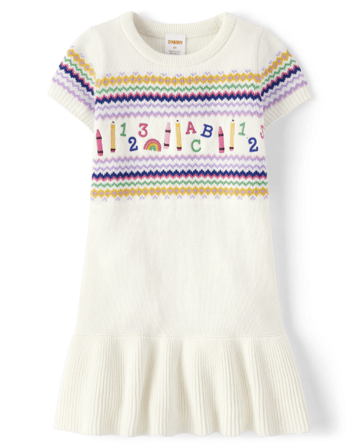Girls Intarsia School Supplies Peplum Sweater Dress - Classroom Cutie