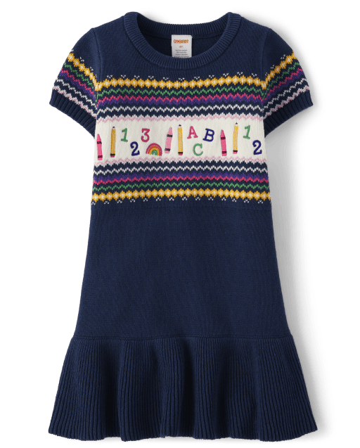 Girls Intarsia School Supplies Peplum Sweater Dress - Classroom Cutie