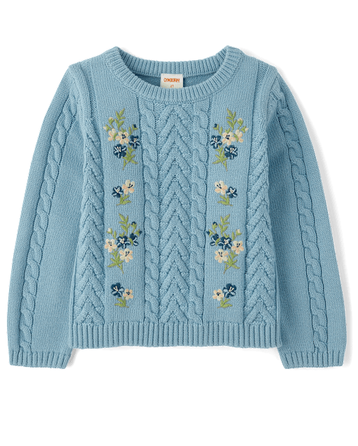 Girls Embroidered Floral Cable Knit Sweater - Country Charm - view 1