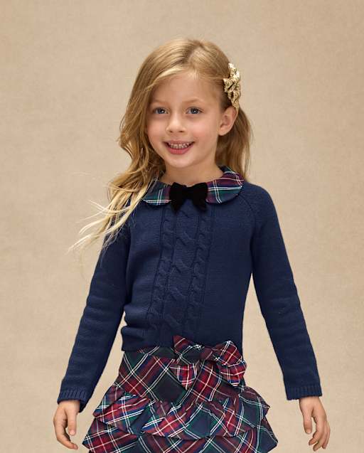 Girls Bow Cable Knit Sweater - Royal Christmas