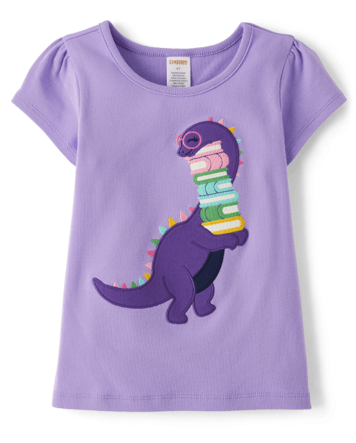 Girls Embroidered Dino Books Top - Classroom Cutie