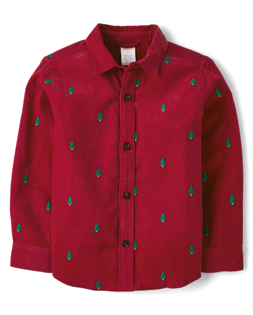 Boys Schiffli Christmas Tree Corduroy Button Up Shirt - All Dressed Up