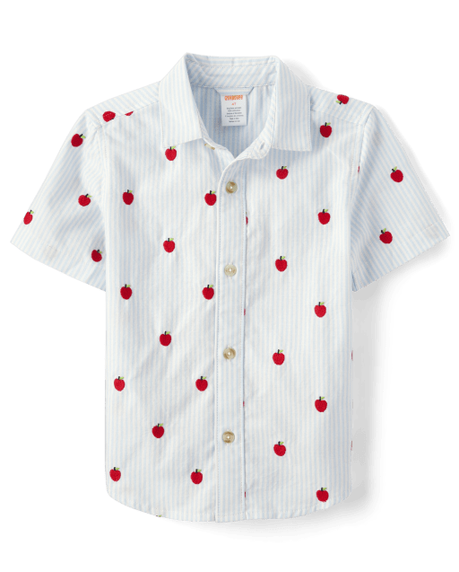 Boys Embroidered Apple Oxford Button Up Shirt - Classroom Cutie