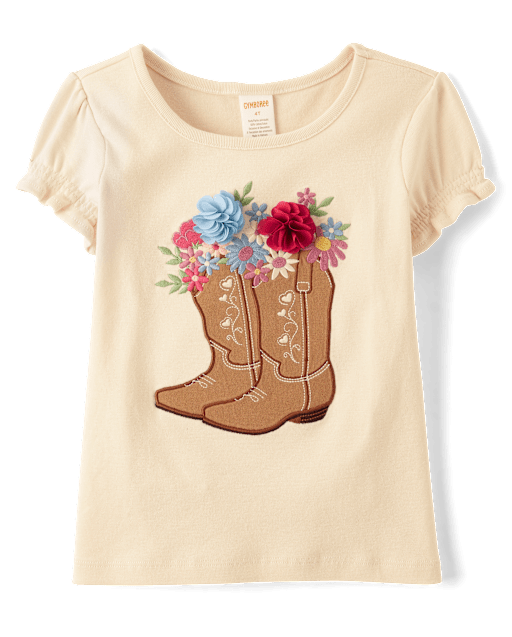 Girls Embroidered Cowgirl Boots Top - Country Charm