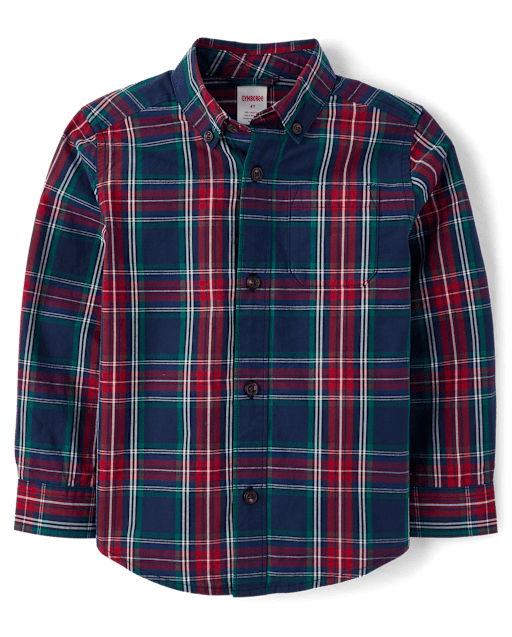Boys Matching Family Plaid Poplin Button Up Shirt - Royal Christmas - view 2