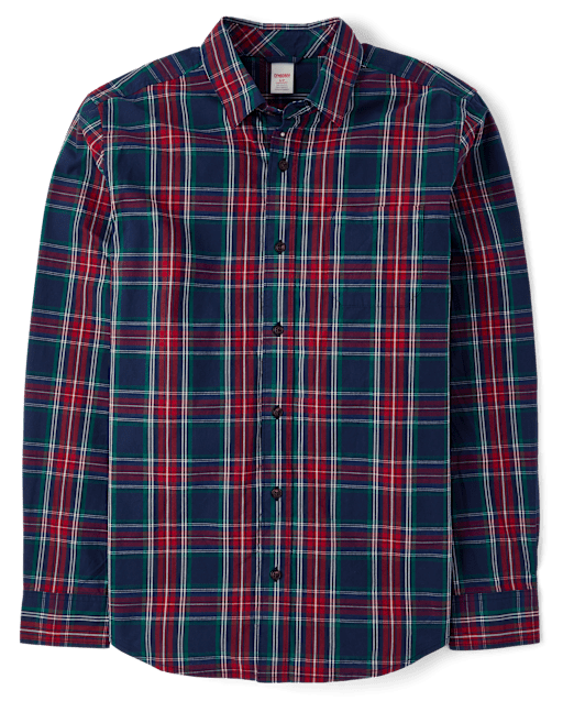Mens Matching Family Plaid Poplin Button Up Shirt - Royal Christmas