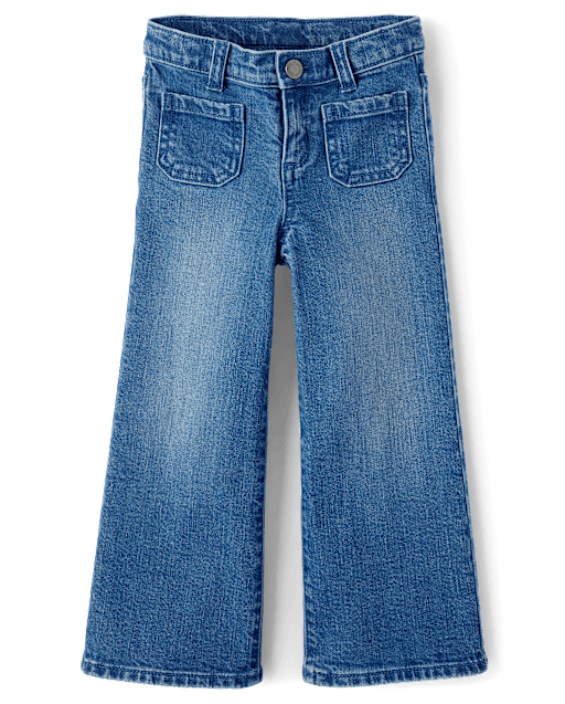 Girls Patch Pocket Stretch Denim Wide Leg Jeans - Little Essentials - view 1