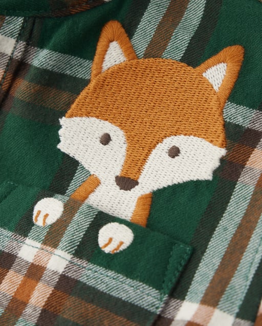Boys Plaid Embroidered Fox Flannel Button Up Shirt - Autumn Adventures - view 2