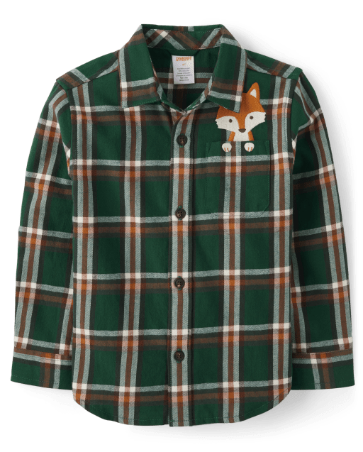 Boys Plaid Embroidered Fox Flannel Button Up Shirt - Autumn Adventures