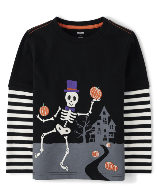 Boys Embroidered Skeleton Layered Top - Halloween