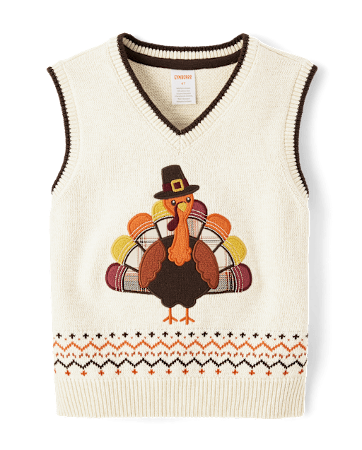 Boys Embroidered Turkey Sweater Vest - Autumn Adventures