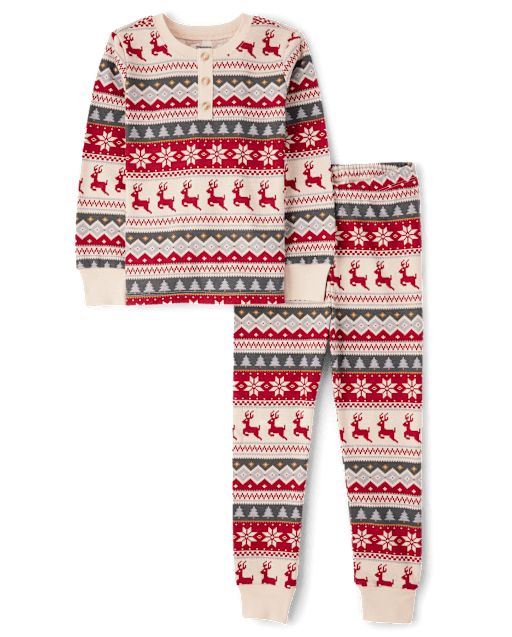 Unisex Kids Matching Family Reindeer Fairisle Henley Snug Fit Cotton Pajamas - Gymmies