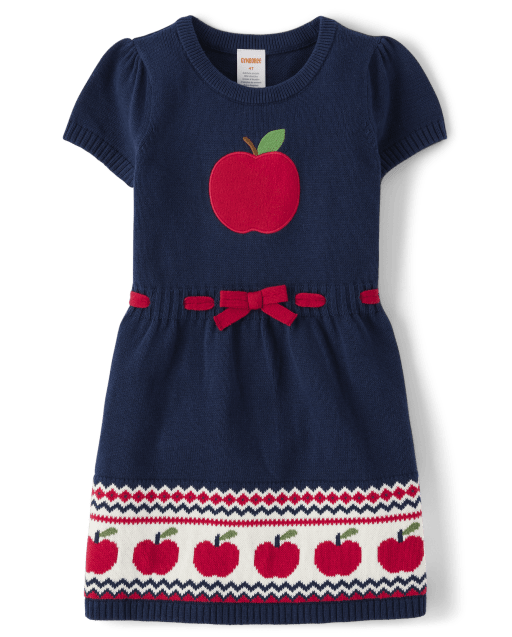 Girls Embroidered Apple Sweater Dress - Classroom Cutie