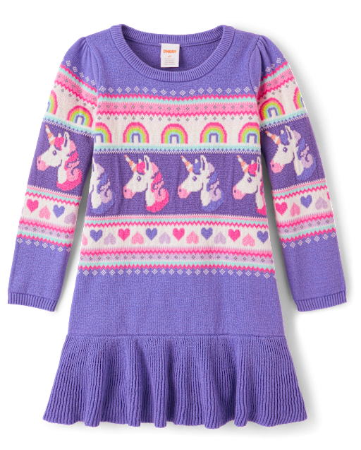 Girls Unicorn Fairisle Peplum Sweater Dress - Dino Friends