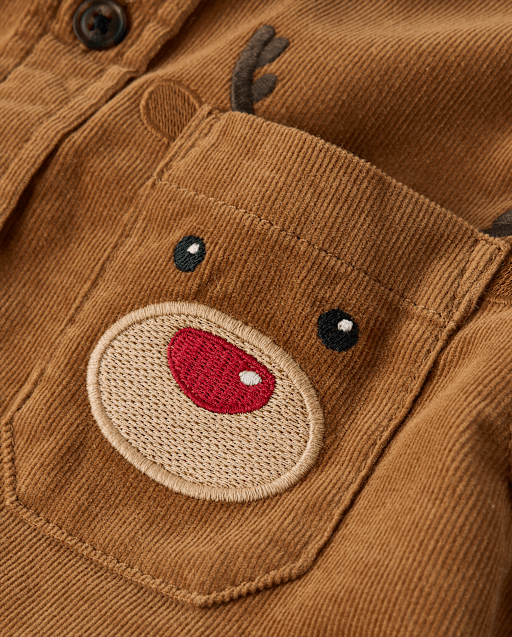 Boys Reindeer Corduroy Button Up Shirt - Holiday Express - view 2