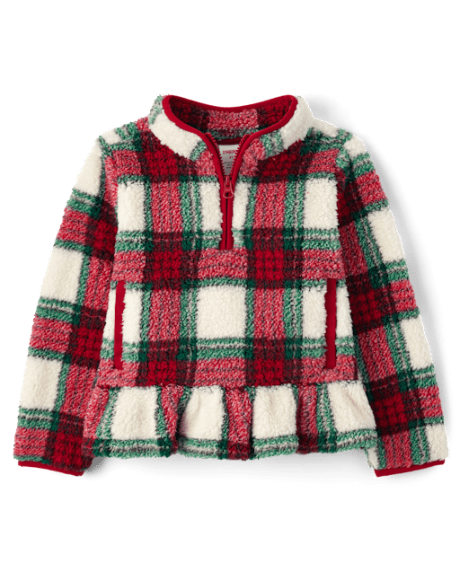 Girls Plaid Sherpa Half Zip Pullover - Little Essentials